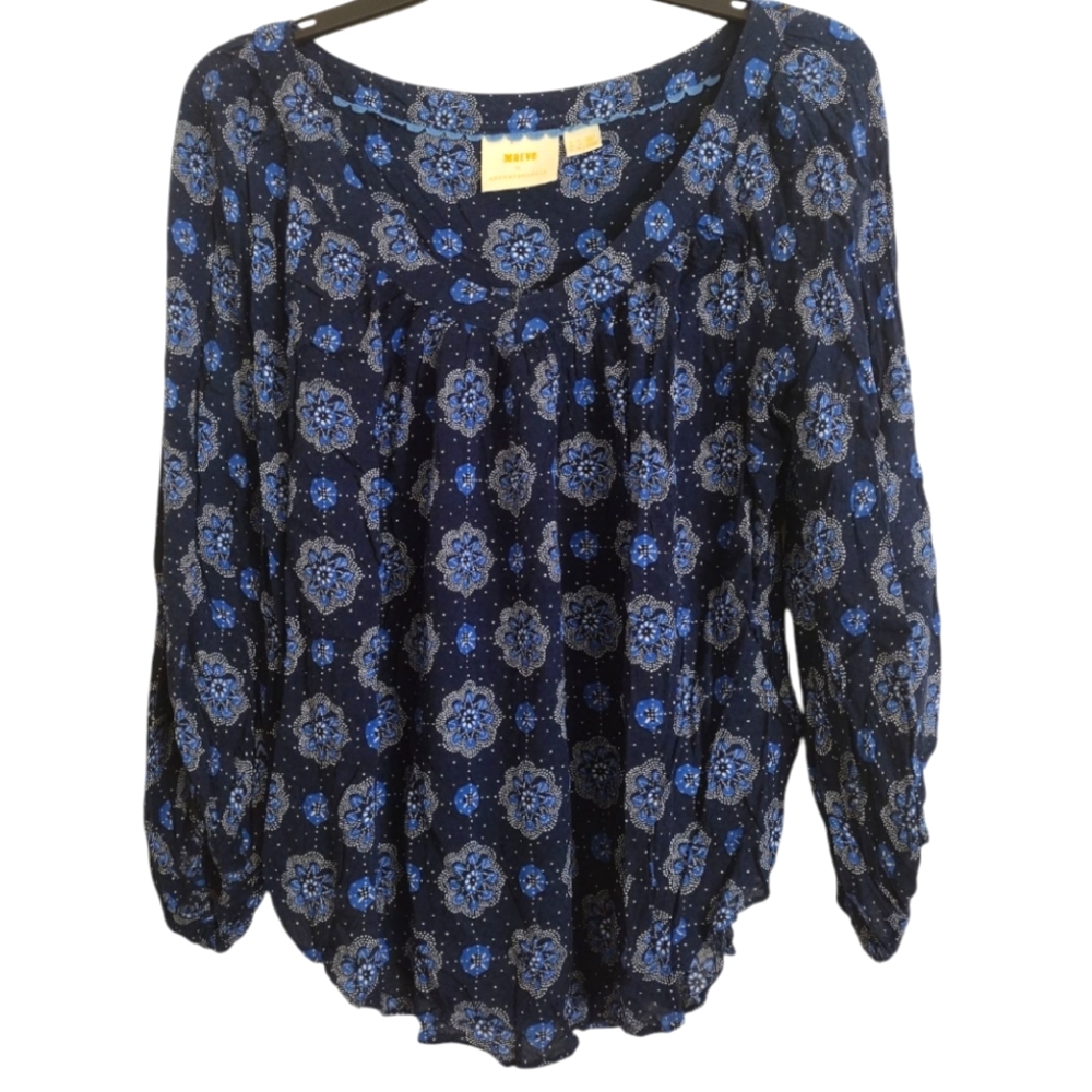 Maeve Anthropologie Boswell Blouse Blue Geometric Floral Blouse Size 6